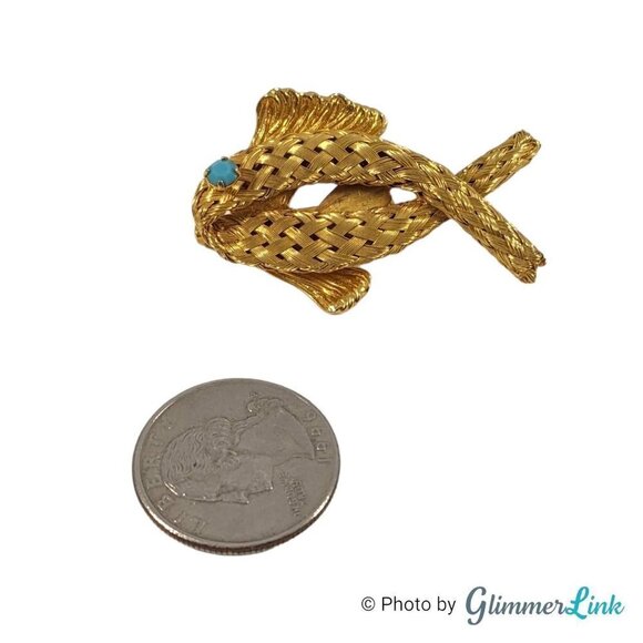 Vintage Modernist Fish Brooch – Woven Gold Tone Figural Pin Teal Rhinestone Eye - Picture 4 of 6